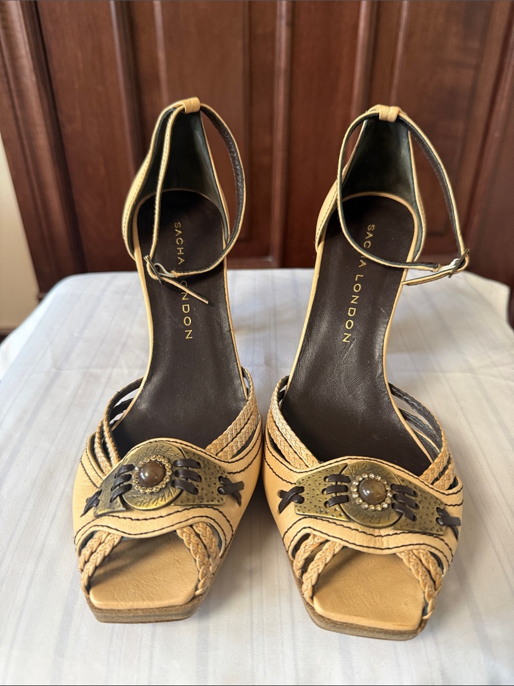 Sacha London Tan Braided Ankle-Strap Peep-Toe Heels